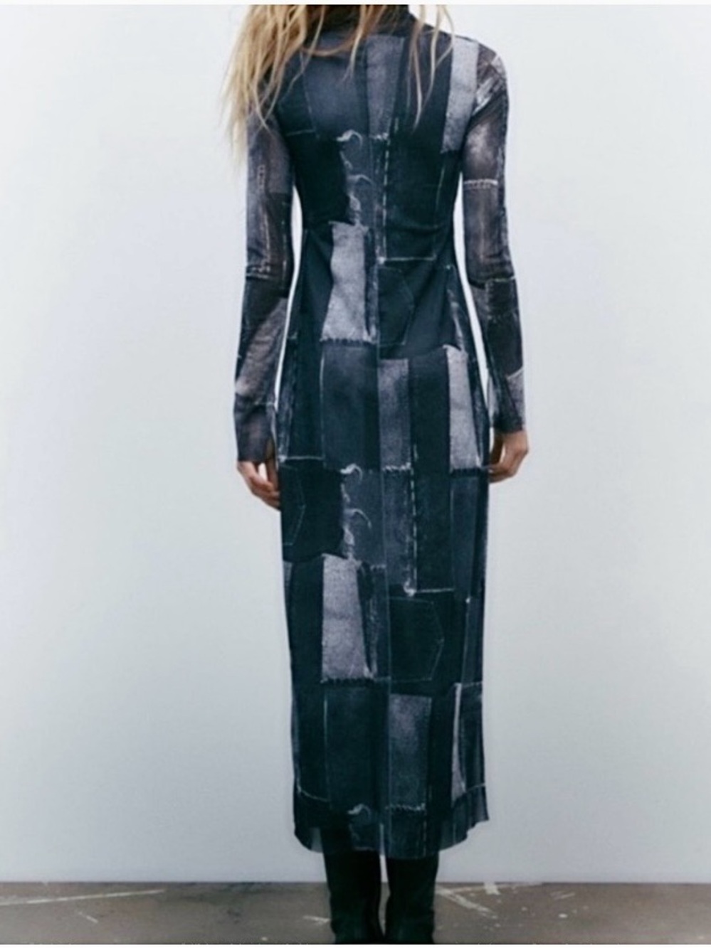 Zara Patchwork Tulle Mesh Sheer Midi Maxi Dress Gray Blue Denim Look Size XL - Picture 2 of 15